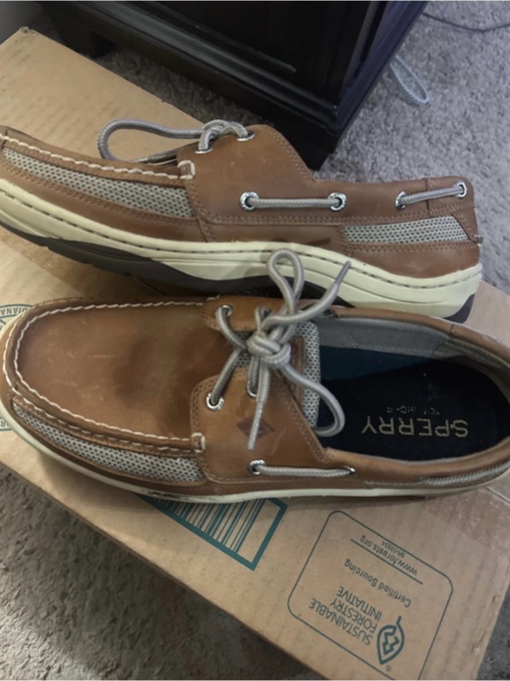 Sperry Tan Leather and Gray Mesh Boat Shoes